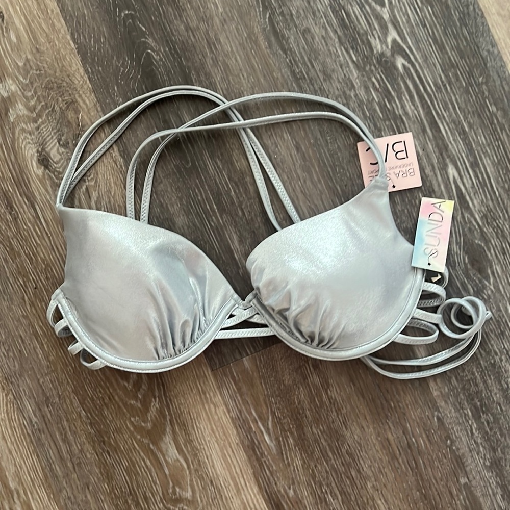 NWT - Sun Dazed silver metallic bikini swim top push-up support 34B/C